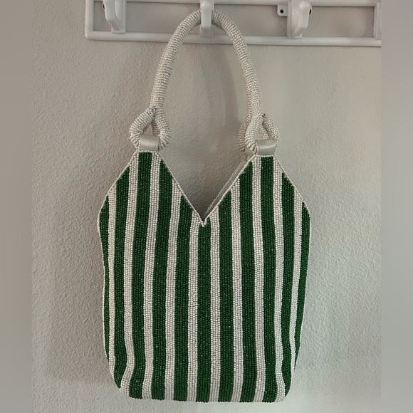 💜SOLD💜Handcrafted In India Beaded Martini Double Handle Satchel Green/White - Picture 2 of 11